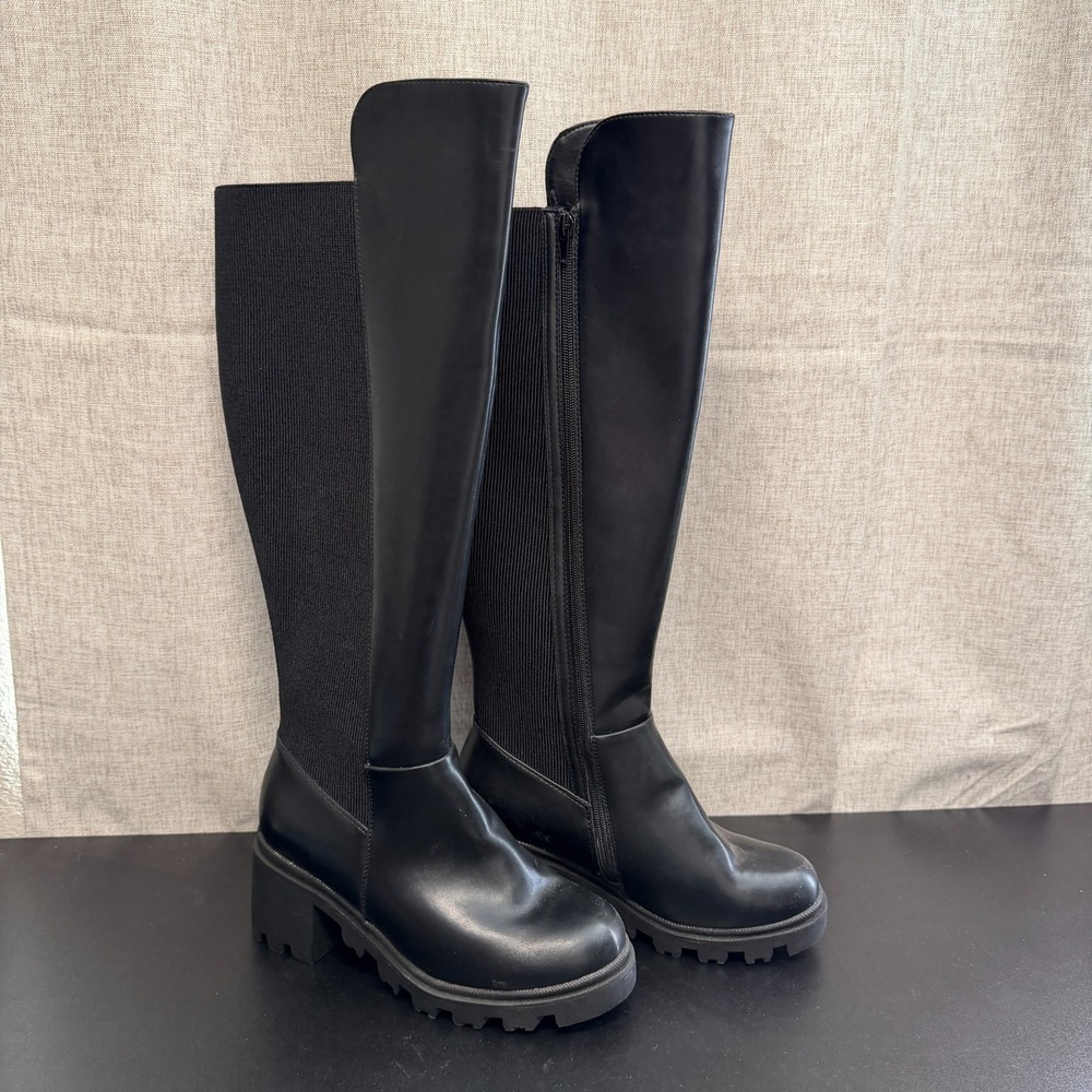 JustFab Ayden Knee High Boots Womens 7.5E Black Leather Chunky Lug Sole Side Zip